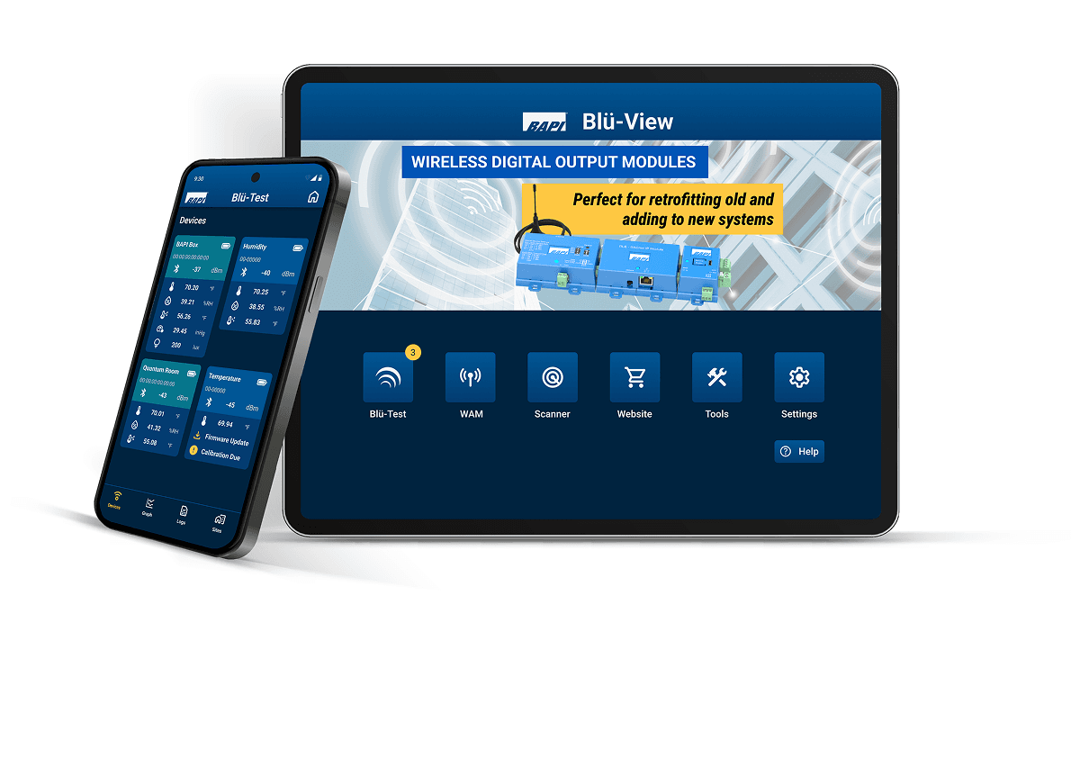 Blü-View app displayed on phone and tablet alongside Blü-Test probe instrument