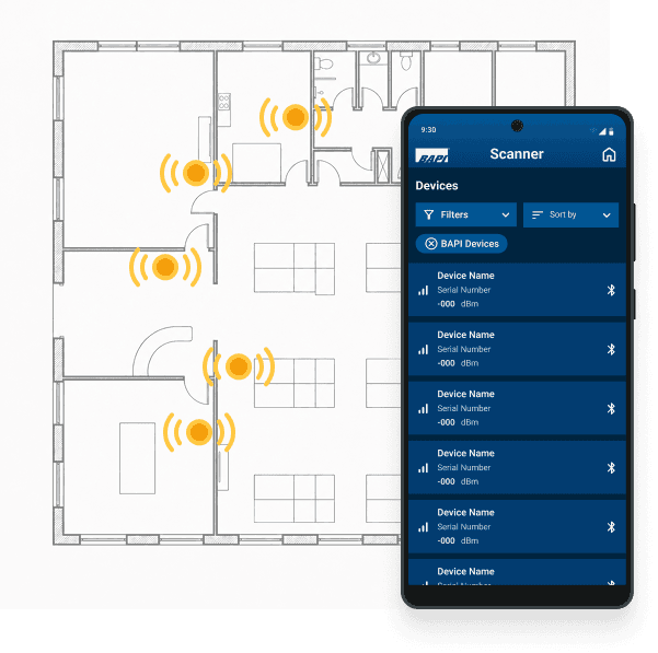 BLE Scanner app showing Bluetooth devices detected on a floor plan