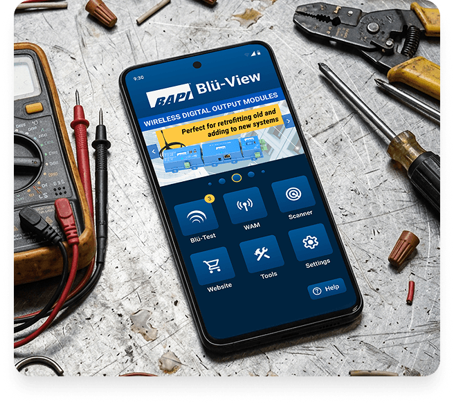 Blu-View app displayed on a phone at an HVAC workbench