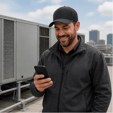 Technician smiling while using phone near rooftop HVAC equipment