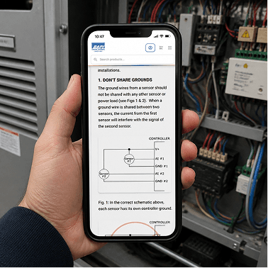 Hand holding phone showing BAPI app with wiring documentation