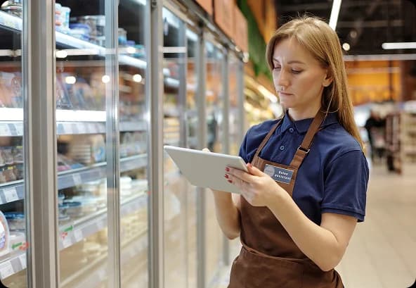 Store employee using tablet to monitor refrigeration